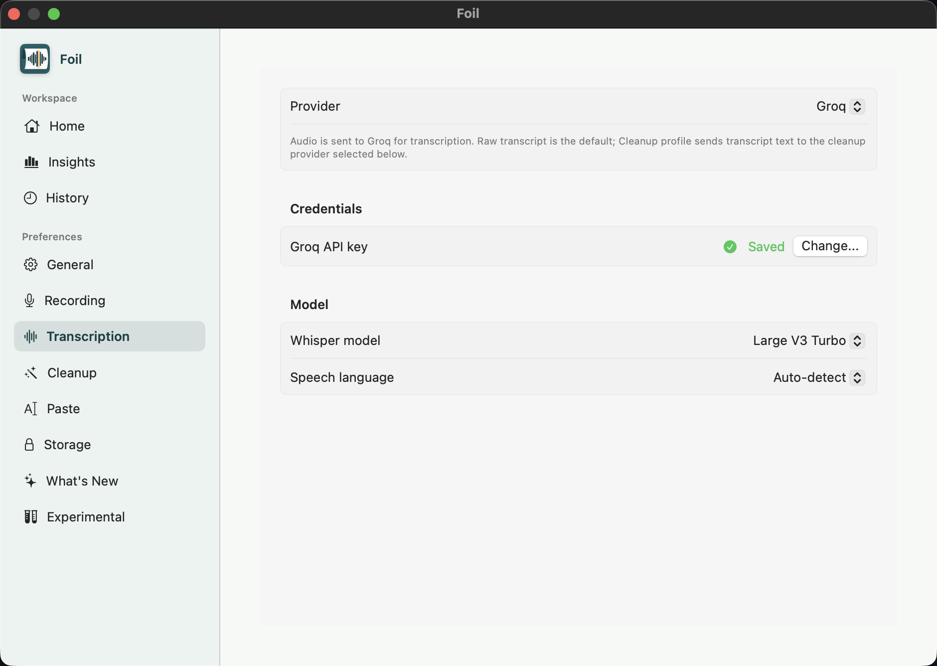 Foil Transcription settings showing provider, credentials, Whisper model, and speech language